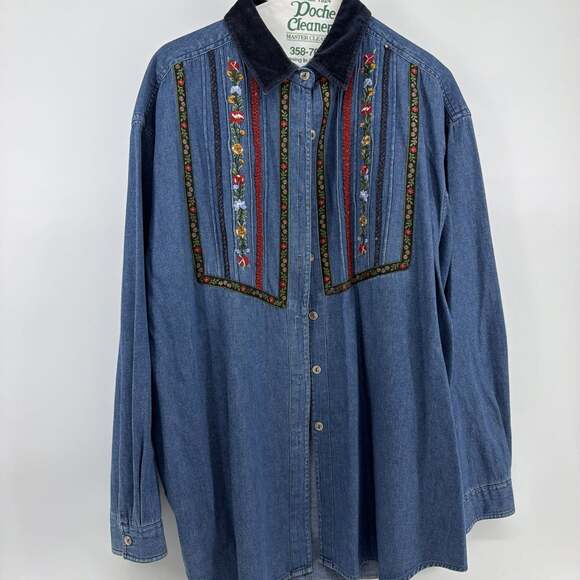 Victoria Jones Tops - VICTORIA JONES Woman Embroidered Floral Denim Button Up Shirt Cottage Core 20W